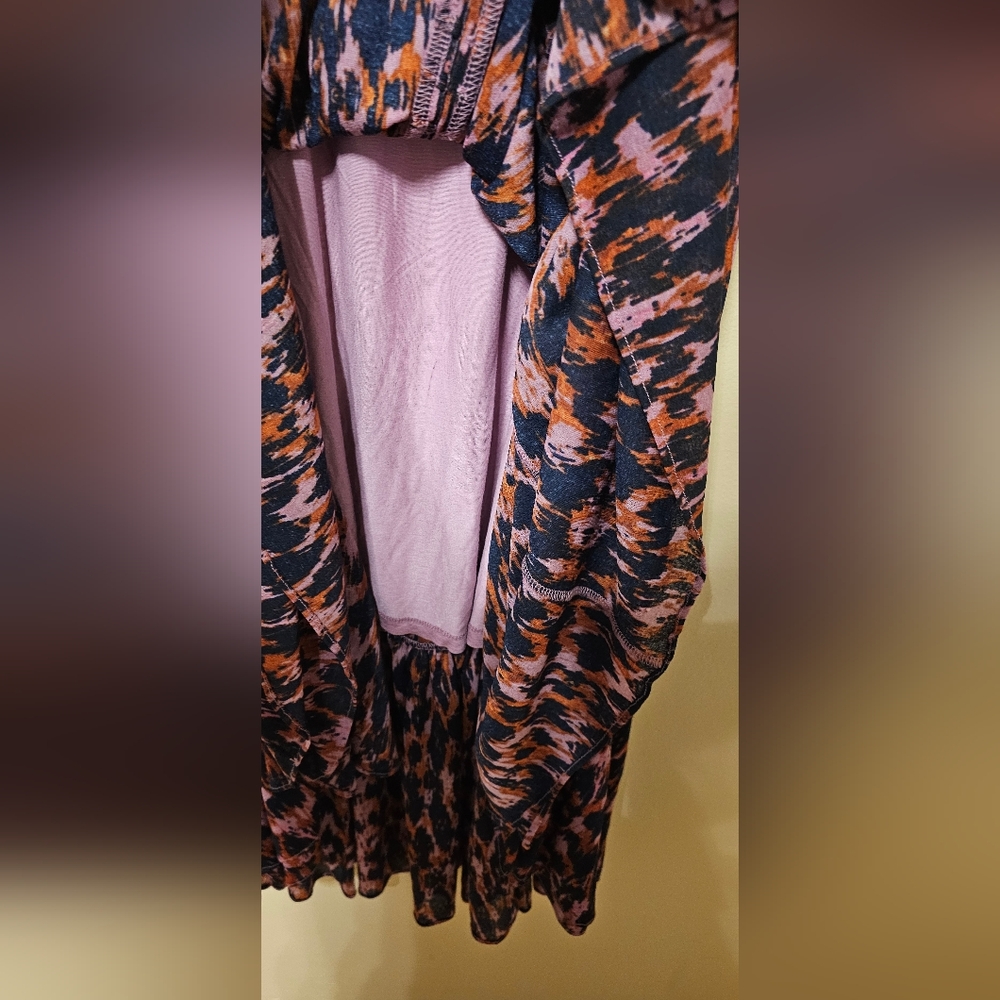 By Anthropologie Purple Printed V- Neck Ruched-Sleeve Mesh Lined Maxi Dress,XSP - Picture 10 of 12